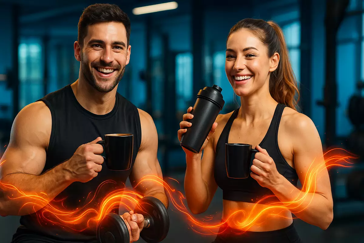 Fit man and woman training in gym with coffee, symbolizing caffeine boosting metabolism and fat burning