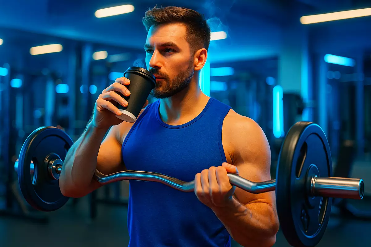 Safe caffeine dosage for athletes with coffee and workout scene in gym