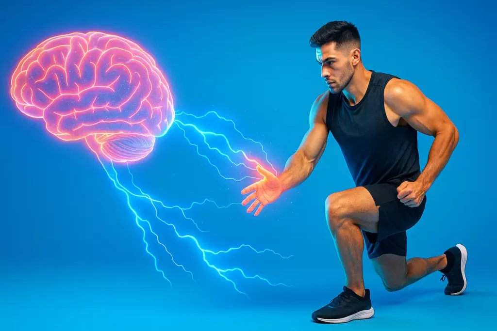 Brain-to-muscle reaction illustration showing how caffeine improves reaction time in athletes