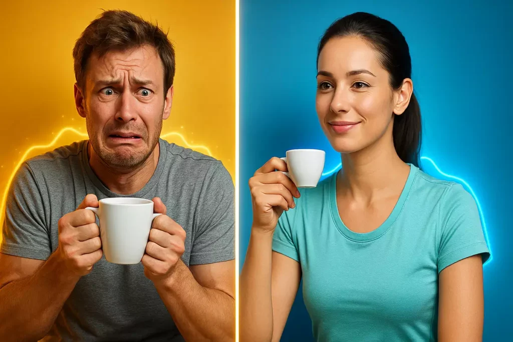 Split image of jittery and calm person with coffee showing caffeine side effects and safety tips