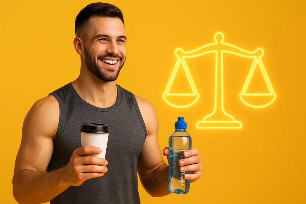 Athlete with coffee and water, balanced scale showing caffeine benefits and risks
