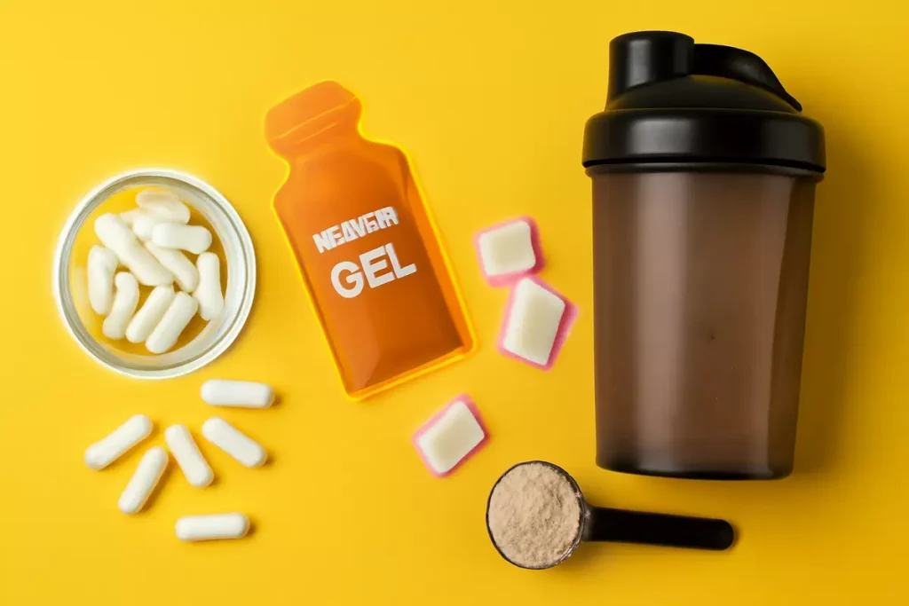 Capsules, gels, chewing gum, and drinks showing top caffeine supplement forms for runners and cyclists