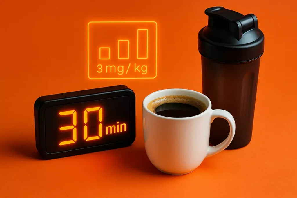coffee cup, shaker, and clock showing best timing and dosage of caffeine for results