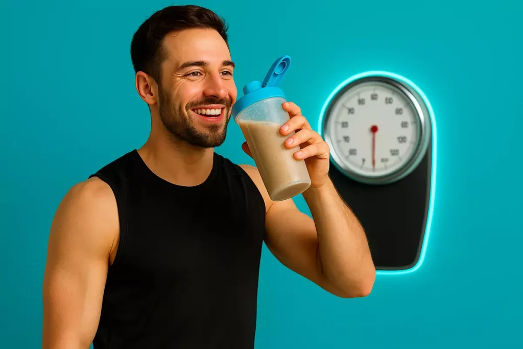 Fit athlete drinking casein shake at night with weight scale, showing no fat gain myth