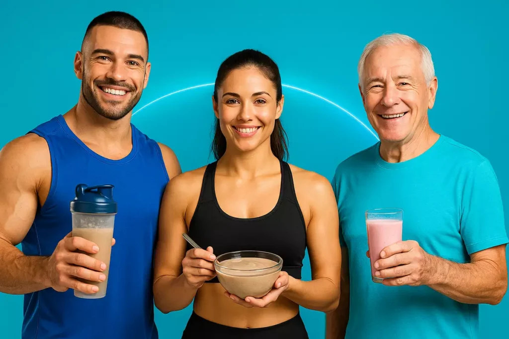 Diverse people enjoying casein protein snacks, showing it’s not just for bodybuilders