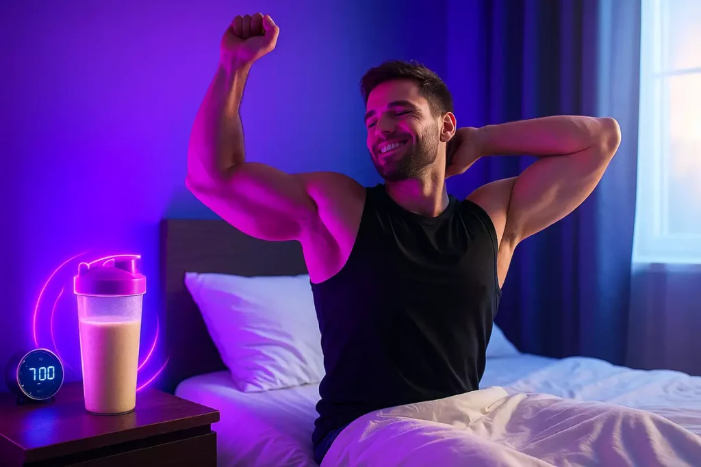 Morning stretch after overnight casein protein use for muscle recovery and growth