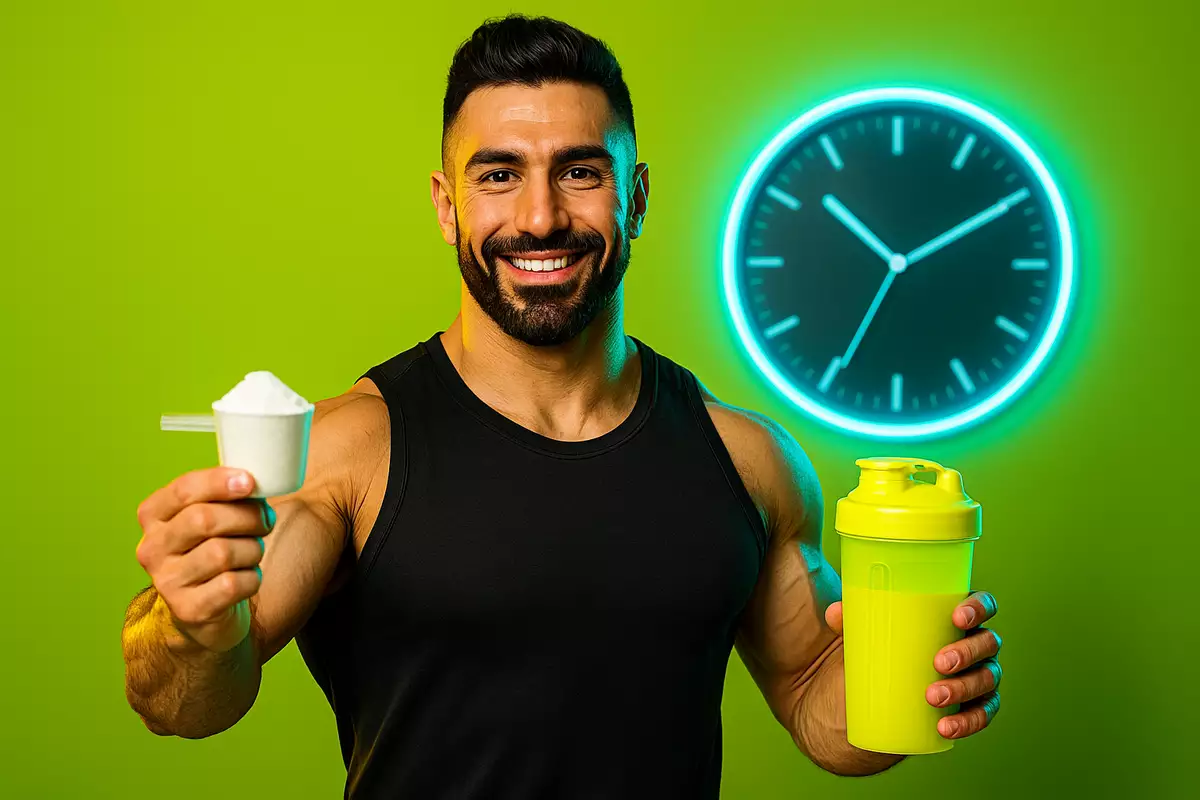 Trainer holding casein protein scoop with clock showing time to see results