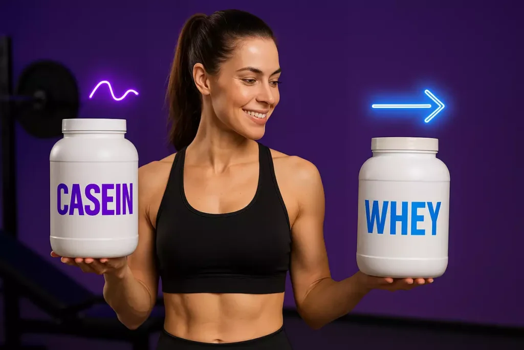Female athlete comparing casein and whey protein jars in gym setting showing differences for women.