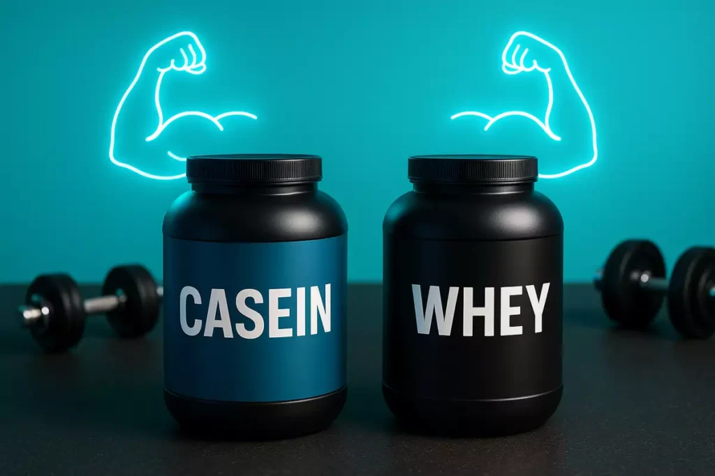 Casein and whey protein jars side-by-side showing equal muscle growth potential