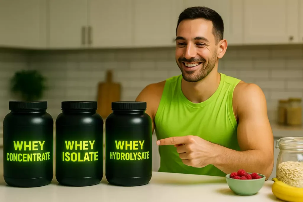 Person pointing at whey protein container among different types on kitchen counter