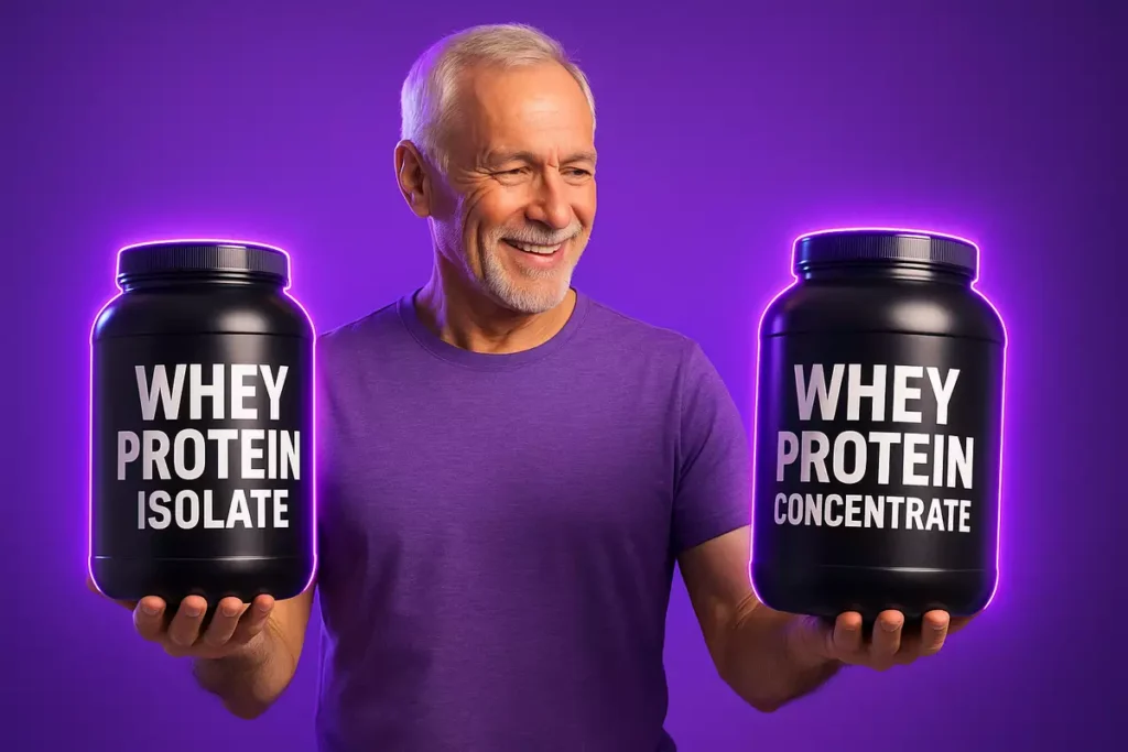 Senior athlete comparing whey protein isolate and concentrate supplements
