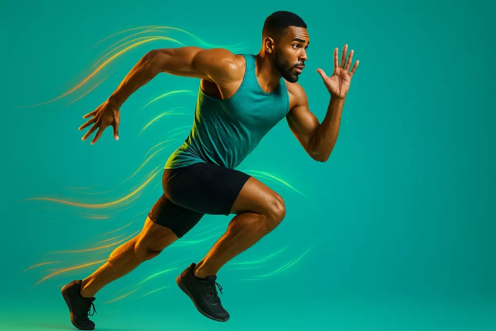 Athlete sprinting with glowing energy trails showing benefits of creatine for sprinters