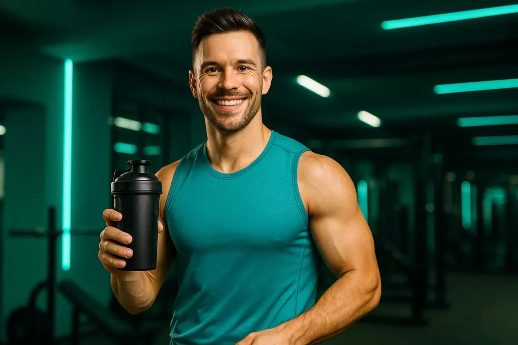 Happy athlete holding shaker in gym, representing creatine monohydrate as the best choice for muscle growth