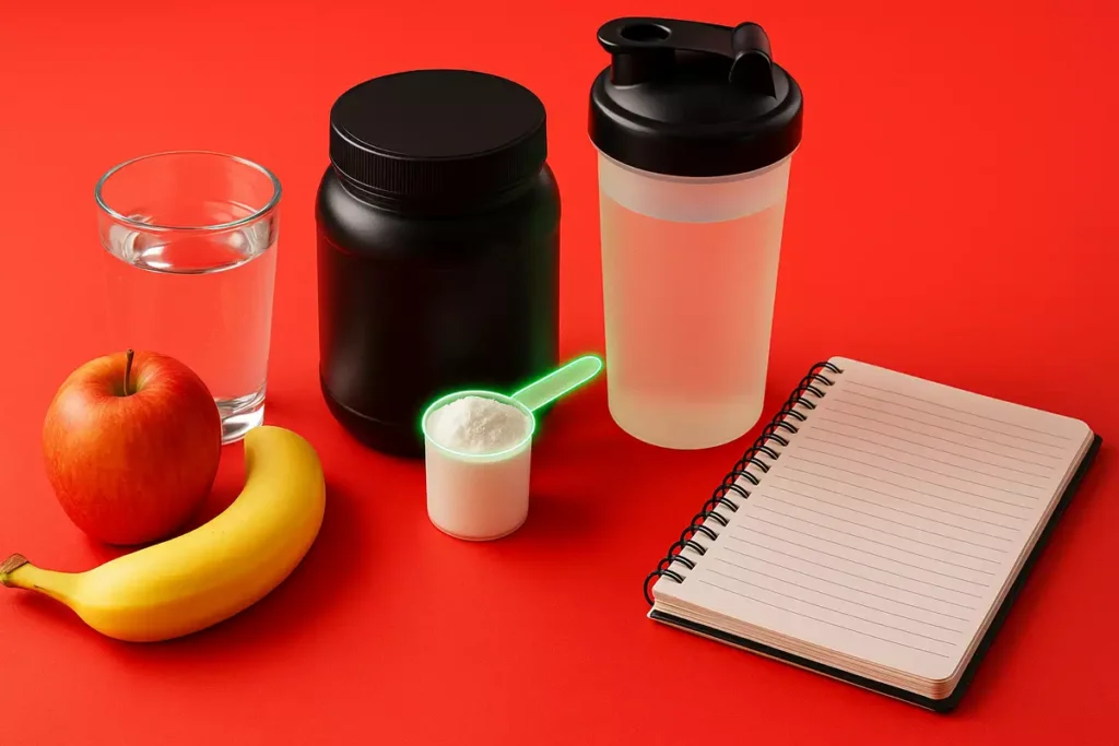 Flat-lay of creatine, water, and workout gear showing best practices for safe and effective use.