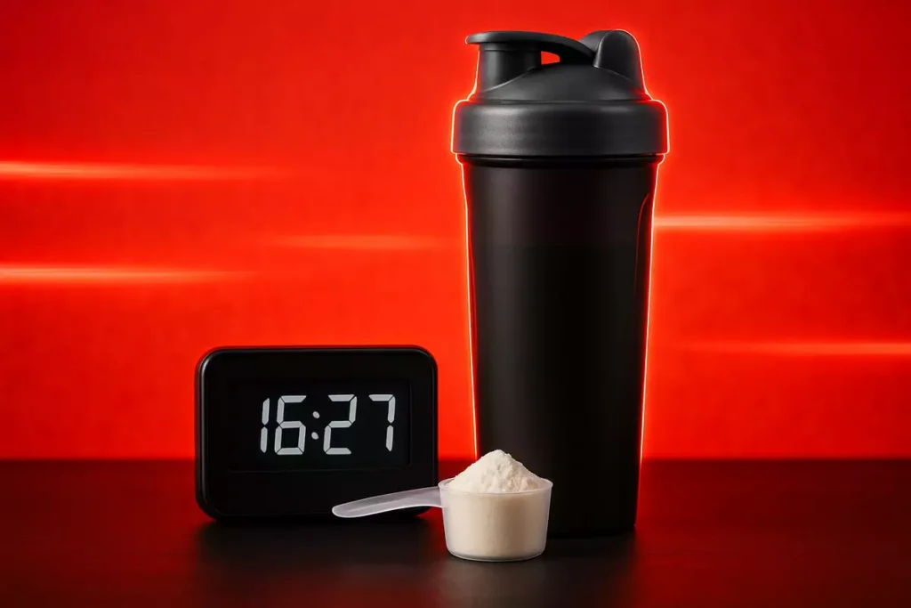 Shaker bottle with creatine scoop next to a digital clock for supplement timing