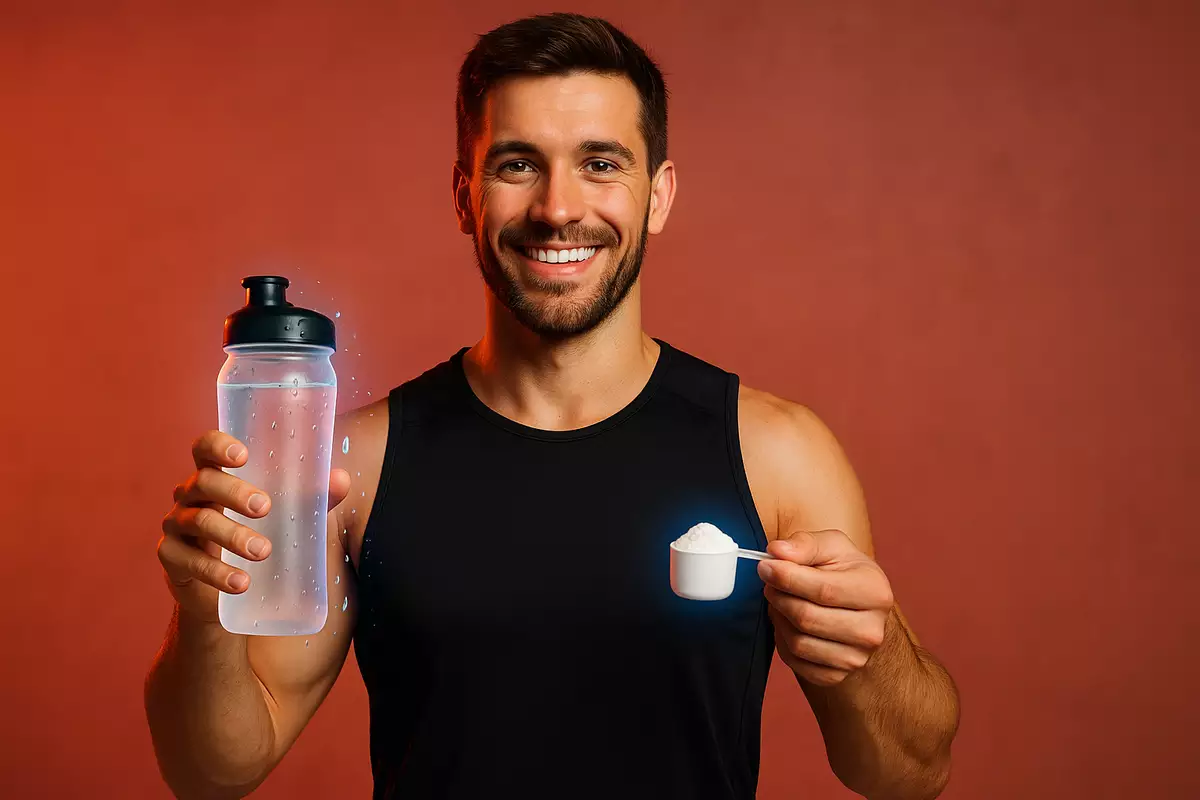 Athlete holding creatine scoop and water bottle, symbolizing bloating and cramps prevention tips.
