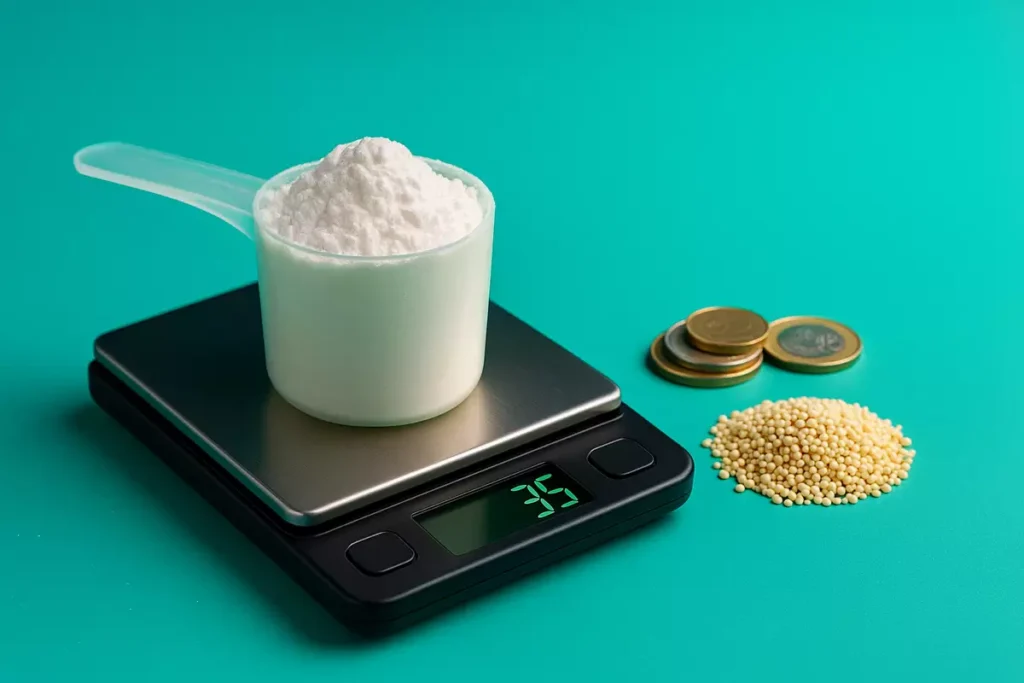 Creatine monohydrate scoop on scale beside coins and vegan food for cost comparison