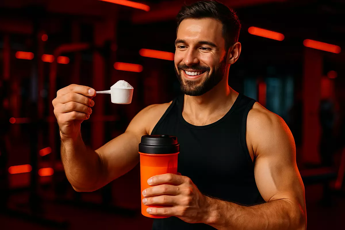 Athlete holding creatine scoop in gym, highlighting legality and performance benefits in sports