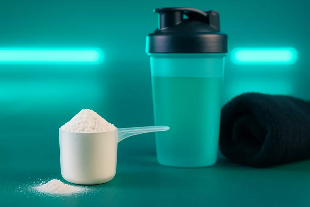 Scoop of creatine monohydrate powder beside a shaker bottle and gym towel
