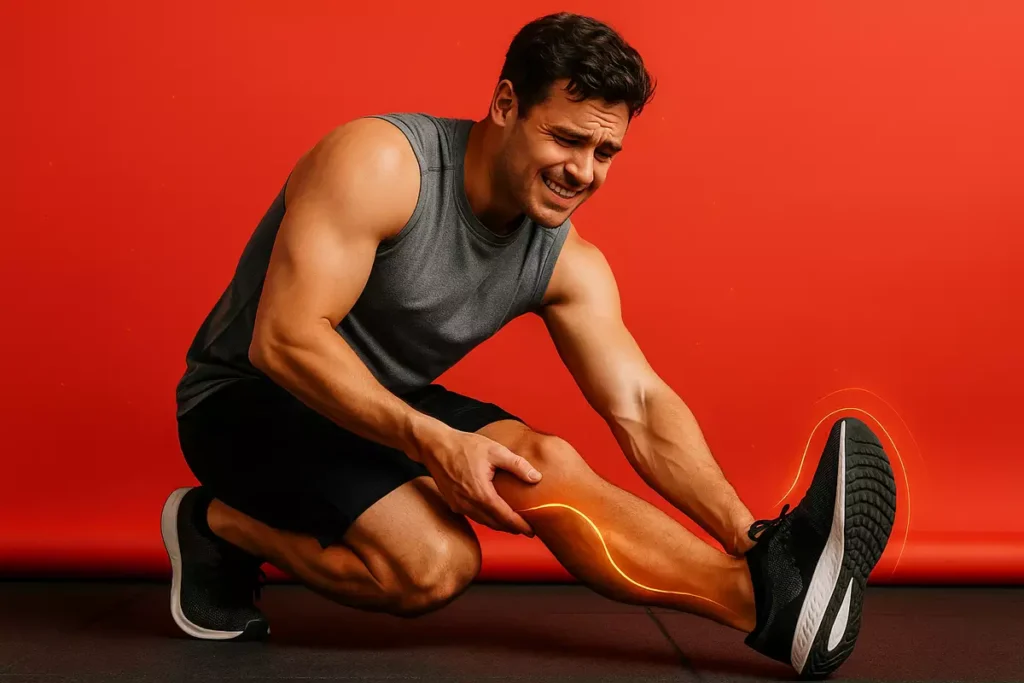 Athlete stretching calf muscle to relieve cramp, illustrating possible creatine side effects.