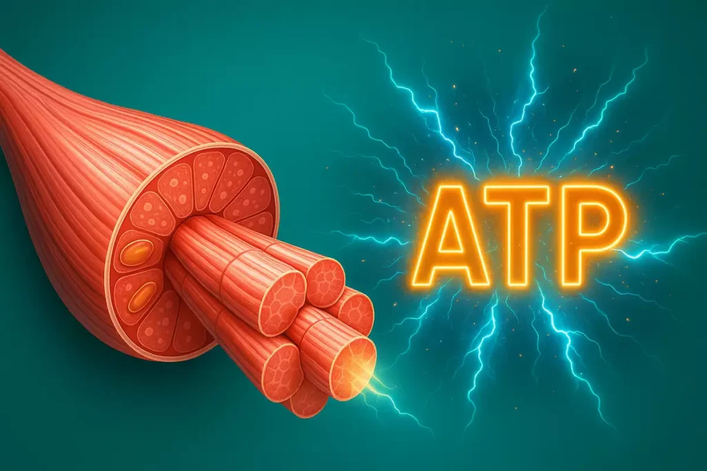 Illustration of muscle fibers with ATP energy boost showing how creatine works in the body