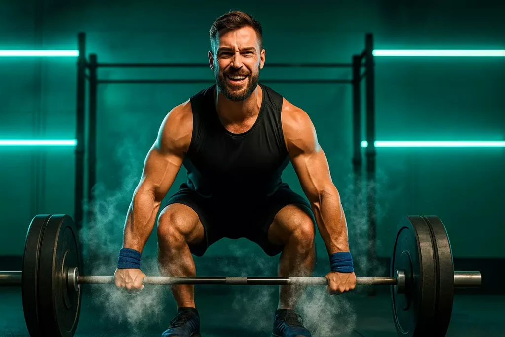 Athlete deadlifting heavy weights with chalk dust, representing creatine’s role in muscle performance