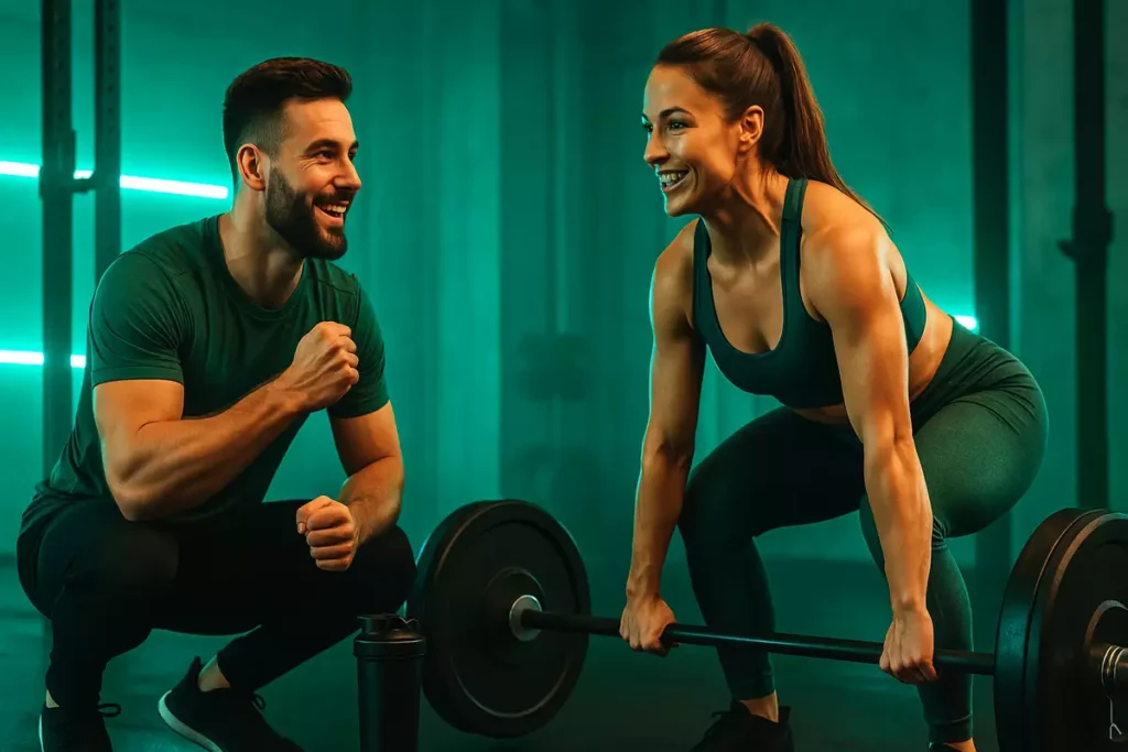 Fitness trainer recommending creatine monohydrate to athlete in gym