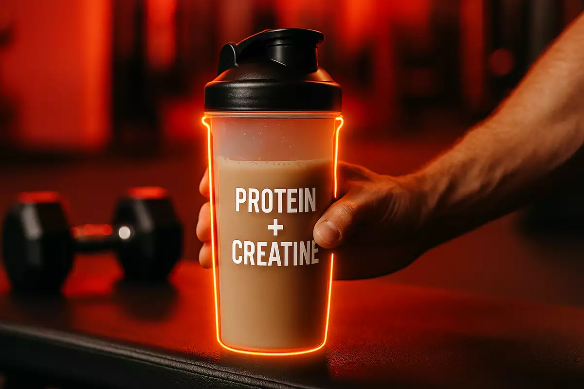 Main thumbnail showing a protein shake mixed with creatine in a gym setting