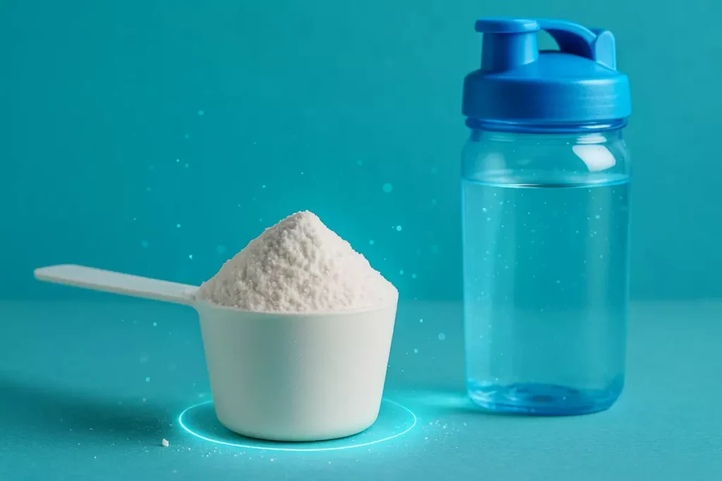 Creatine supplement with water bottle showing safe and balanced use
