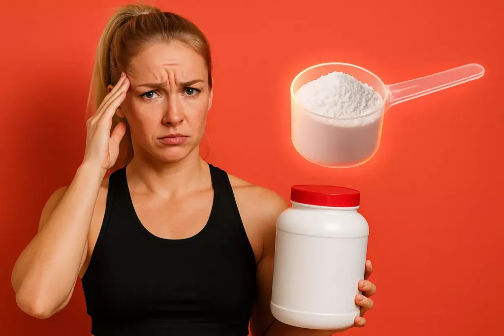 Athlete hydrating after workout with creatine supplement visible in background for safety tips