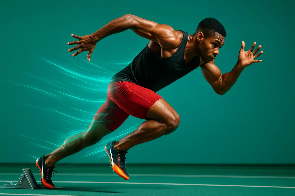 Sprinter exploding off starting blocks representing creatine sprint performance benefits