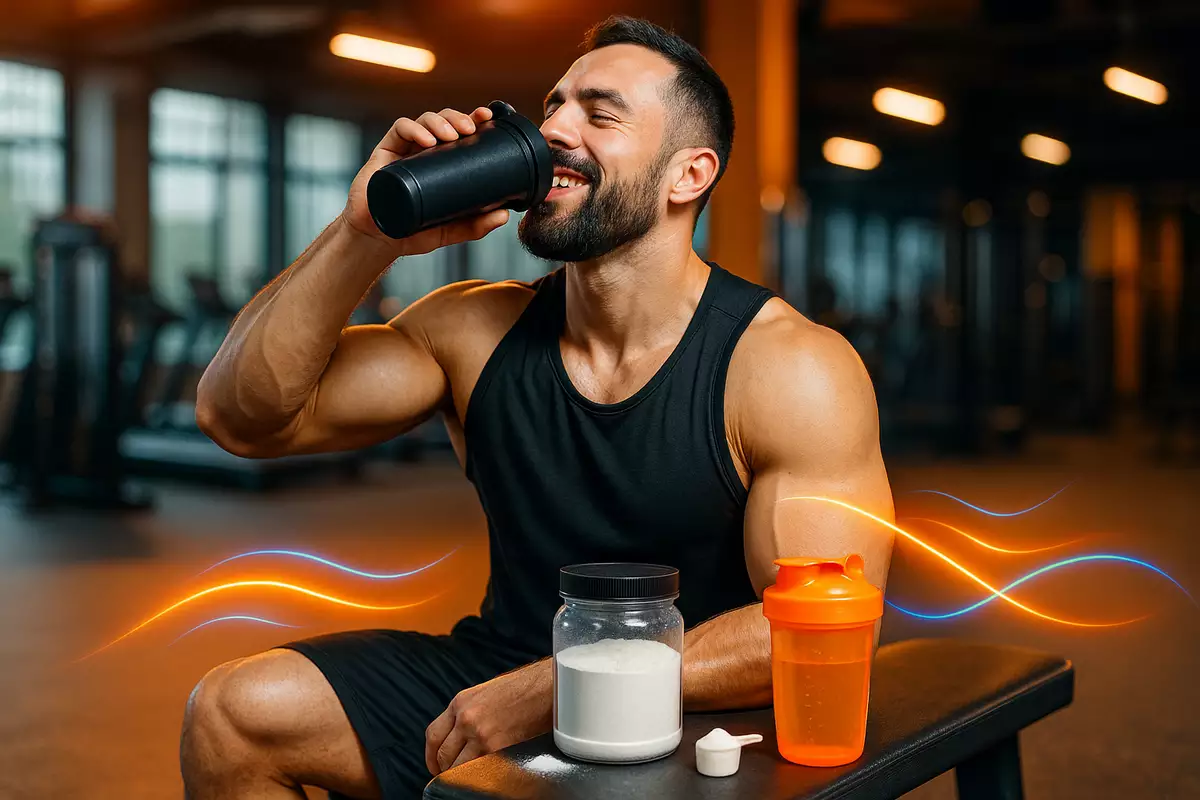 athlete recovering post-workout with creatine powder and shaker bottle in modern gym