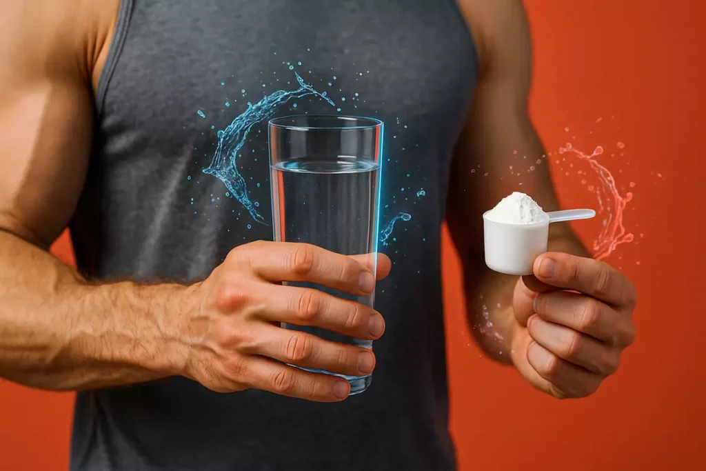 Muscular arm holding water and creatine scoop, representing water retention from creatine.