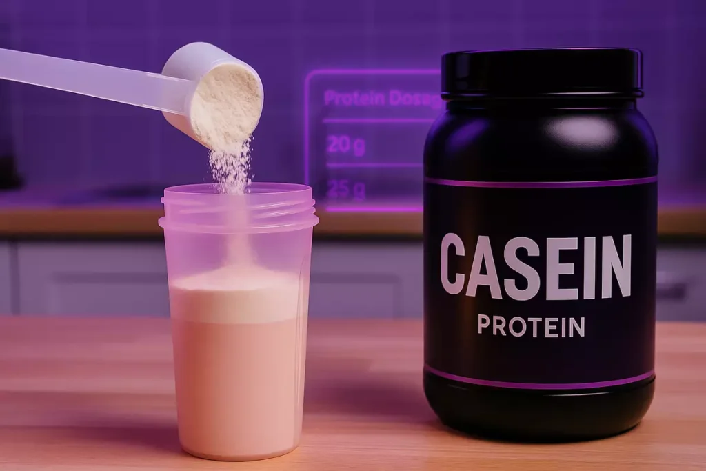 Measuring scoop with casein protein powder and dosage chart for women’s daily intake.