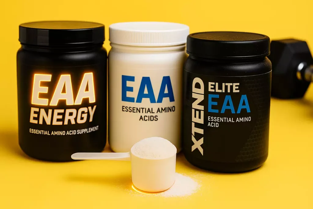 Different EAA supplement tubs and scoops showing ratio variations for muscle growth