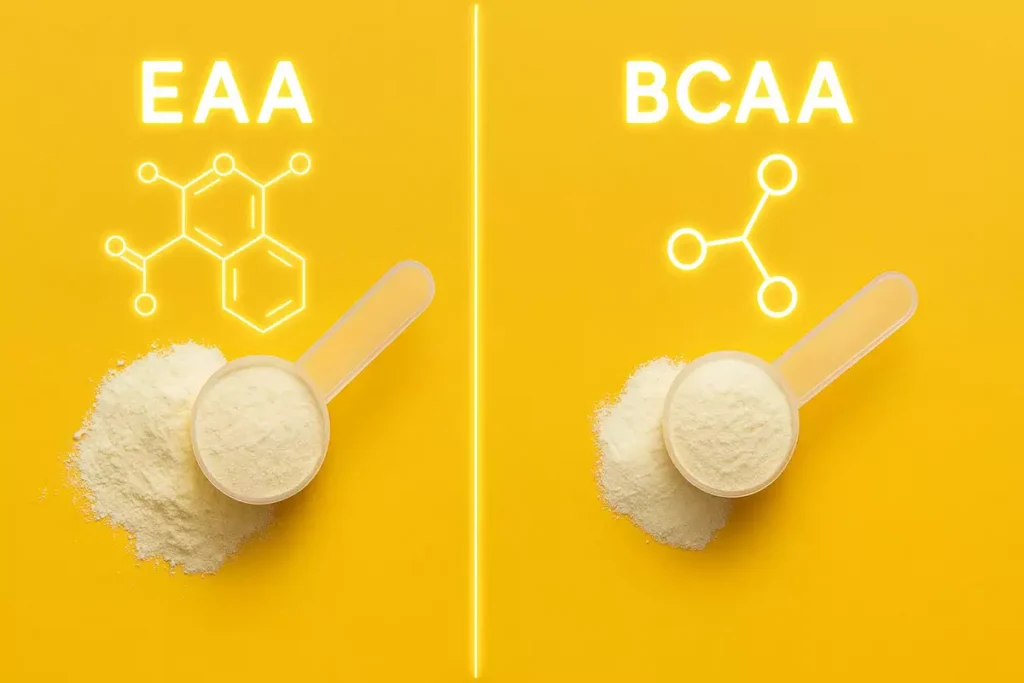 Comparison of EAA and BCAA supplement scoops with amino acid diagrams showing key differences