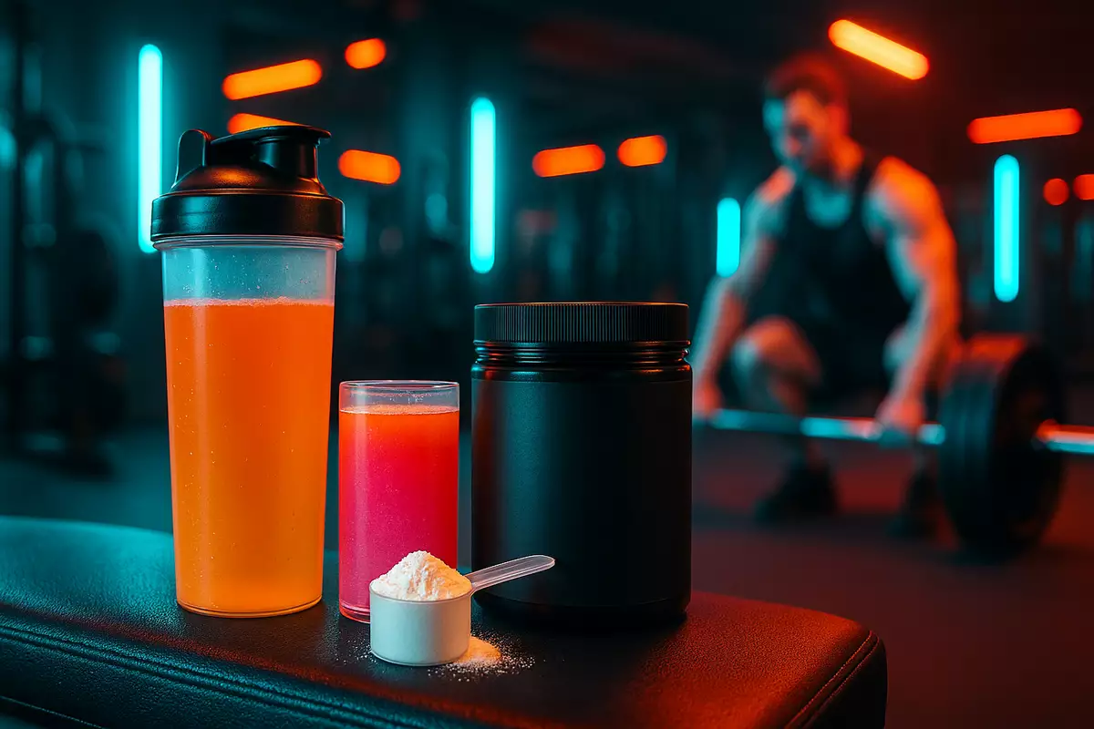 EAAs, creatine, and pre-workout combo on a gym bench for strength, energy, and recovery