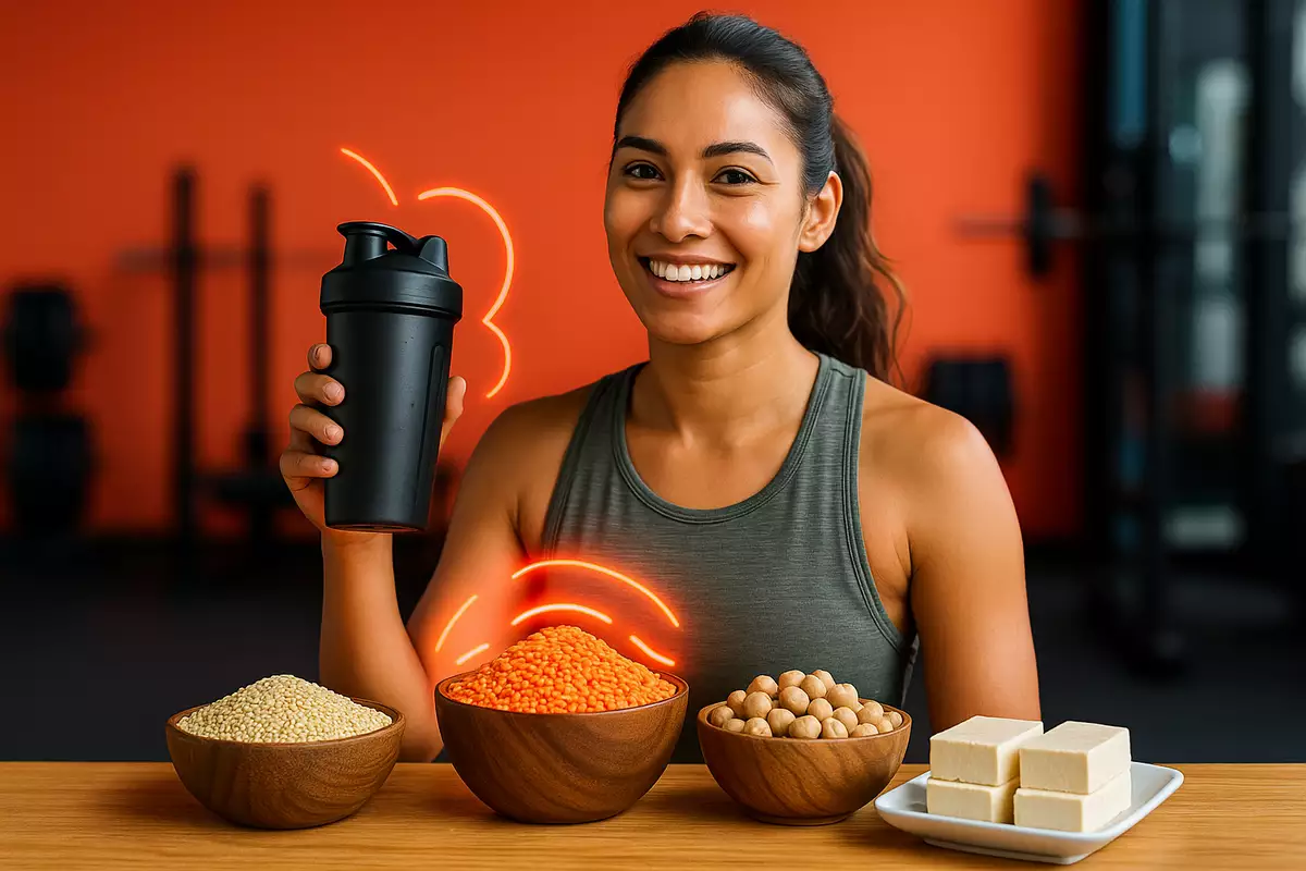 Plant-based athlete holding protein shaker with healthy plant foods for EAA support