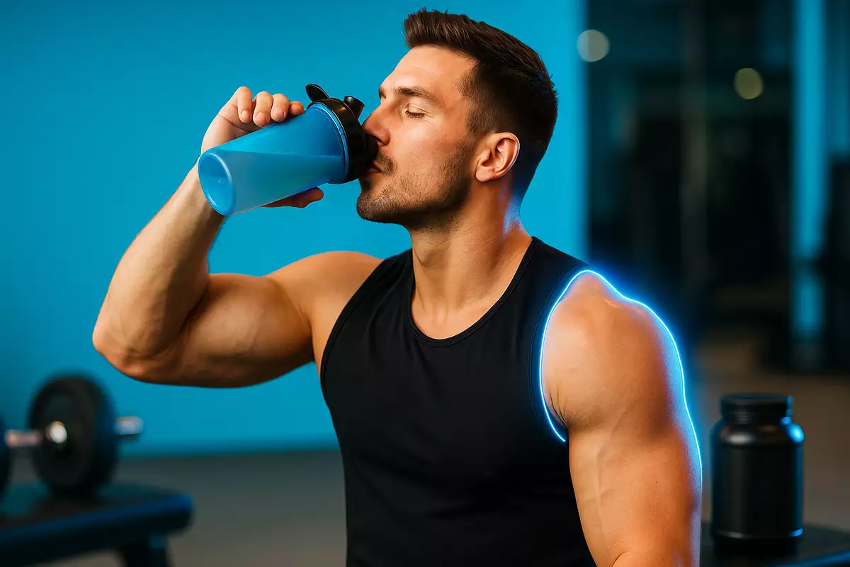 Bodybuilder drinking EAAs in gym during low-calorie diet for muscle preservation