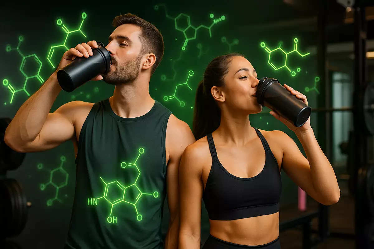 male and female athletes drinking EAAs in a modern gym with neon amino acid visuals