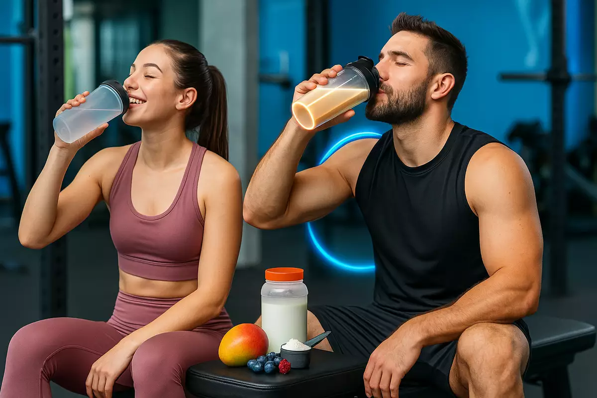 Fit athletes with post-workout EAA recovery shakes in gym setting