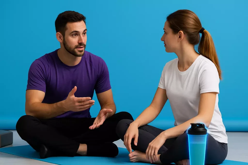 Fitness trainer giving advice on BCAAs for yoga and Pilates practitioners