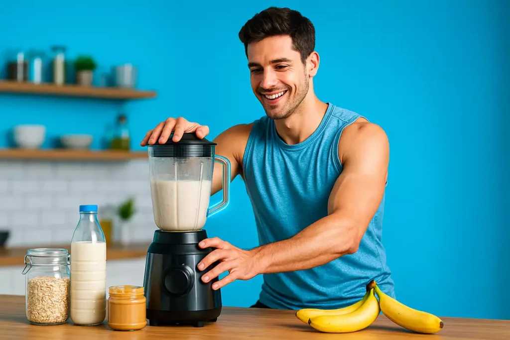 Athlete preparing healthy homemade shake as alternative to daily mass gainer
