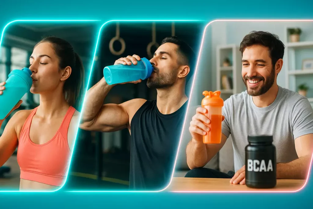Three stages of taking caffeine-free BCAAs before, during, and after workout for best recovery