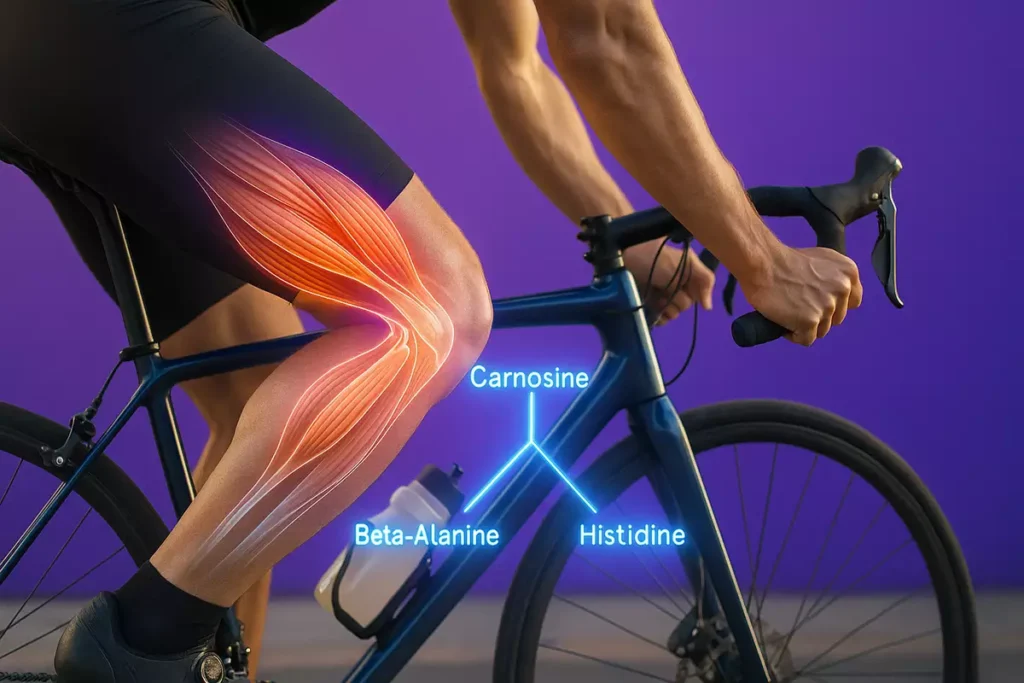 Cyclist’s leg muscles illustrated with lactic acid buffering effect from beta-alanine.
