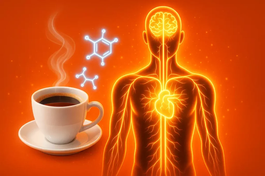Realistic human body silhouette with nervous system and coffee cup showing how caffeine works