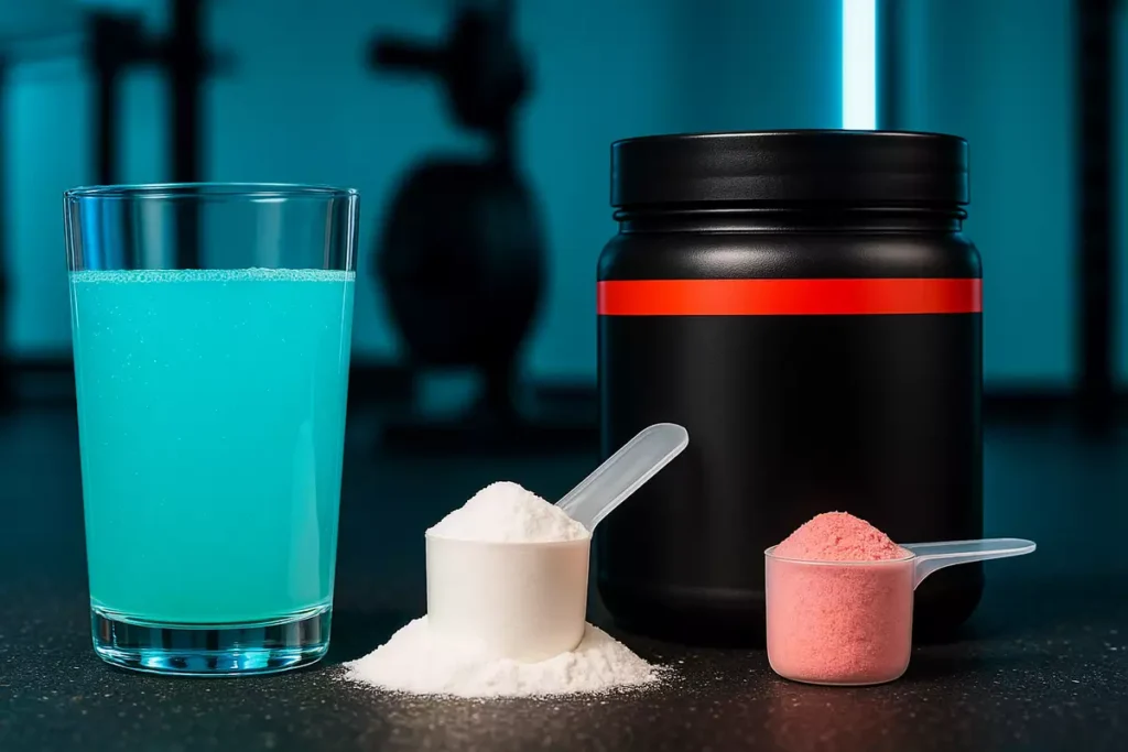 Creatine, EAAs, and pre-workout supplements with gym gear showing their unique benefits