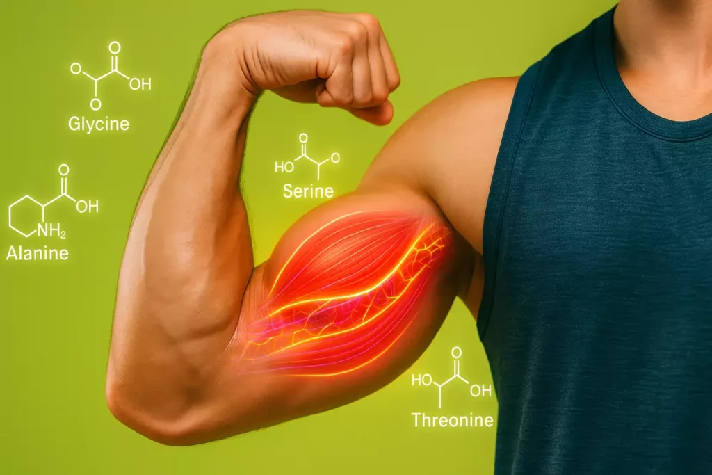 Close-up of muscular arm with overlay of amino acid molecules and regenerating muscle fibers