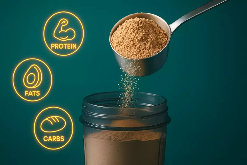 Illustration of mass gainer powder with labeled nutrients showing how it works