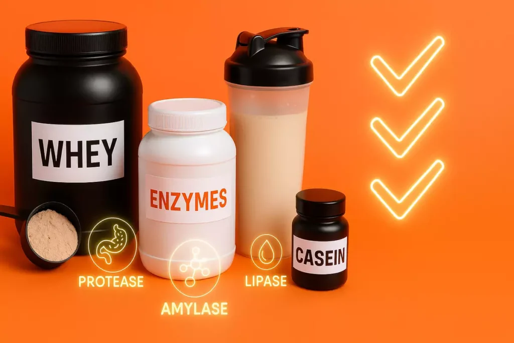 Mass gainer supplements with enzyme labels and checklist for choosing the right product